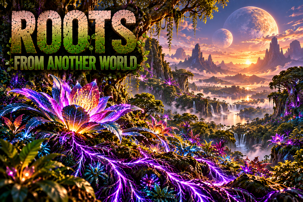 Roots From Another World cover featuring a luminous alien garden beneath two moons